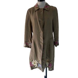 Dkny Vintage Womens Duster Jacket Size 12 Tan Embroidered Floral Pure Linen